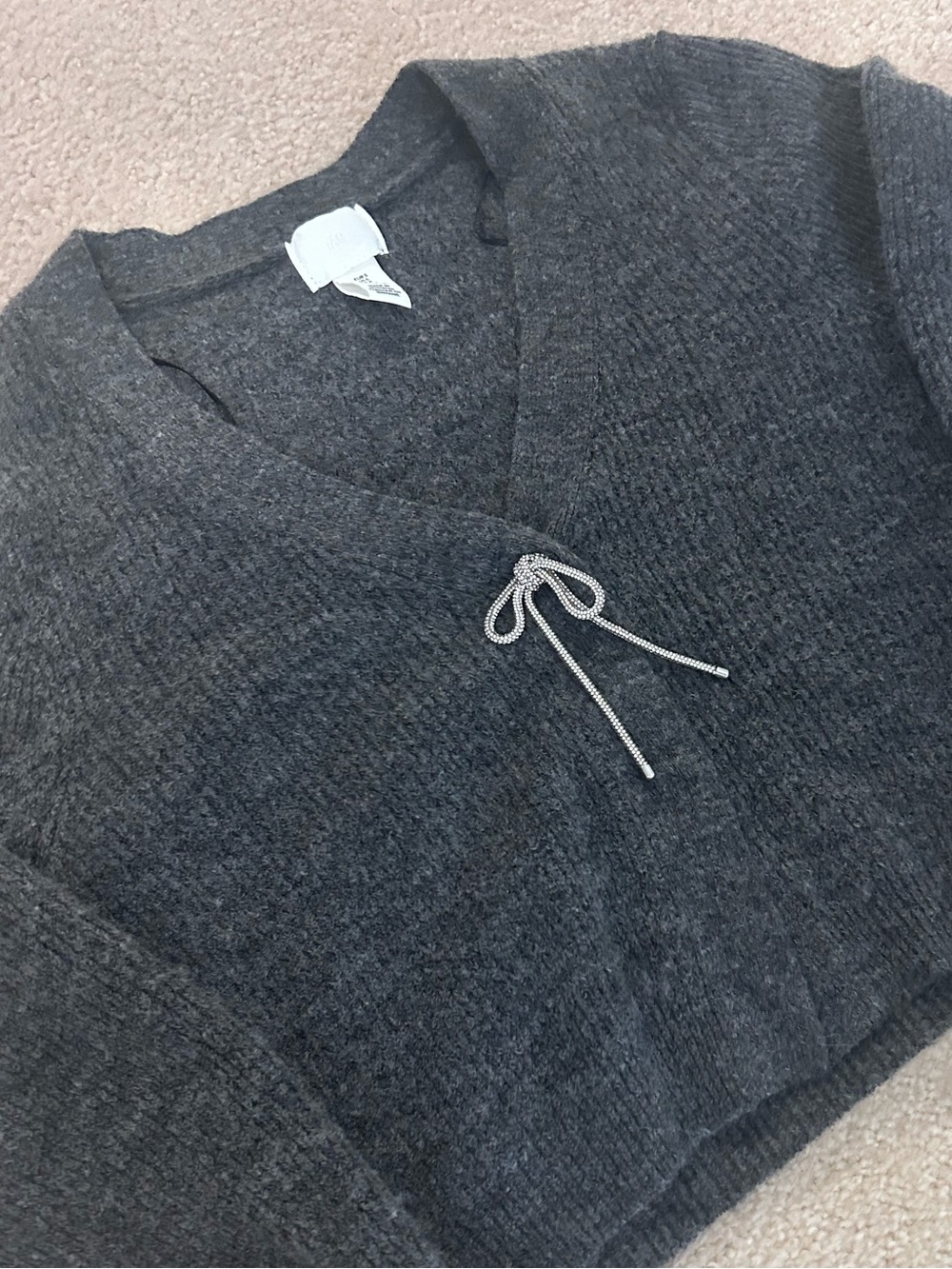 Express Charcoal Gray V-Neck Tie-Front Sweater